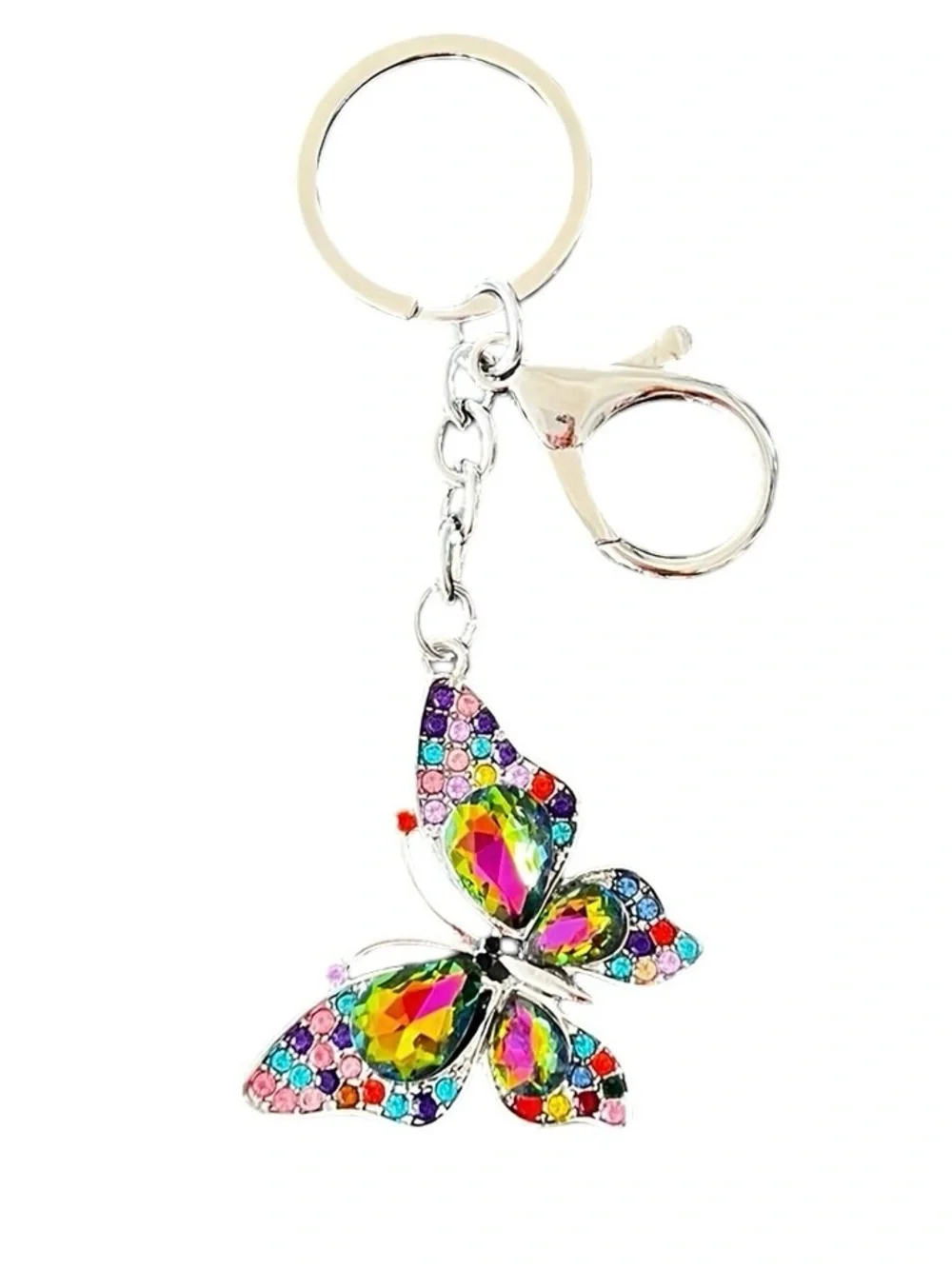 Allover Multicolor Pink Rhinestone Silver Butterfly 2” Keychain Bag Purse Charm
